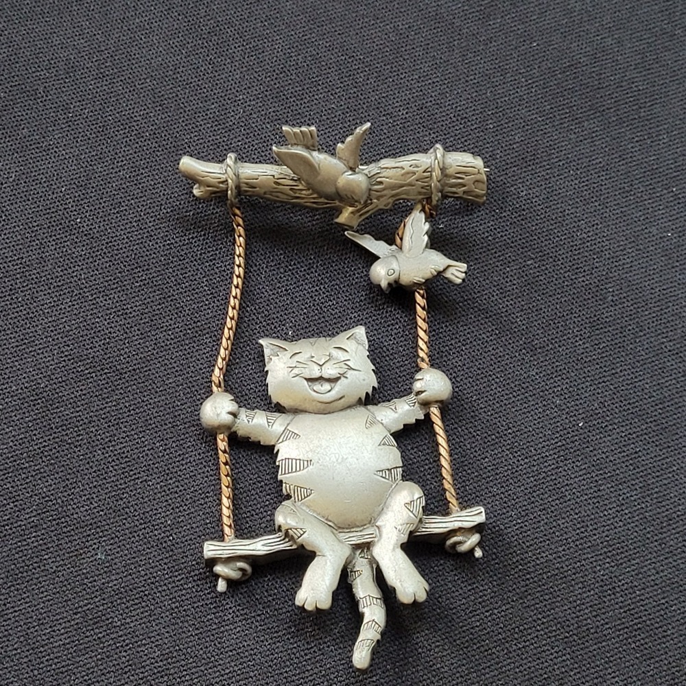 Vintage JJ Jonette Cat On Swing Bird Brooch Pin Pewter Copper Tone